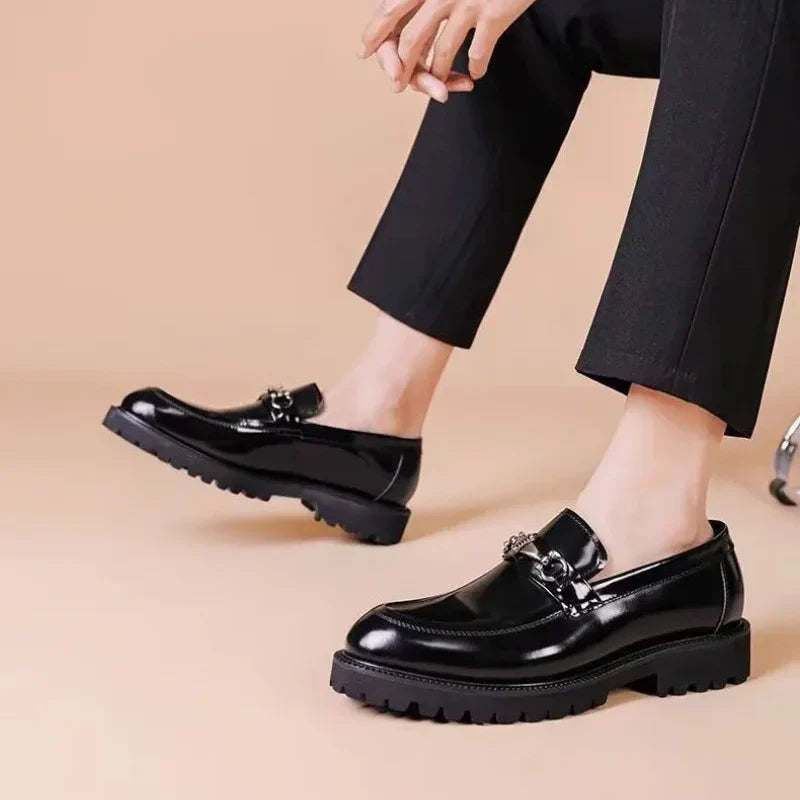 Elegant Leather Loafer for Women with Horsebit Buckle Almond Toe Chunky Lug Sole Style