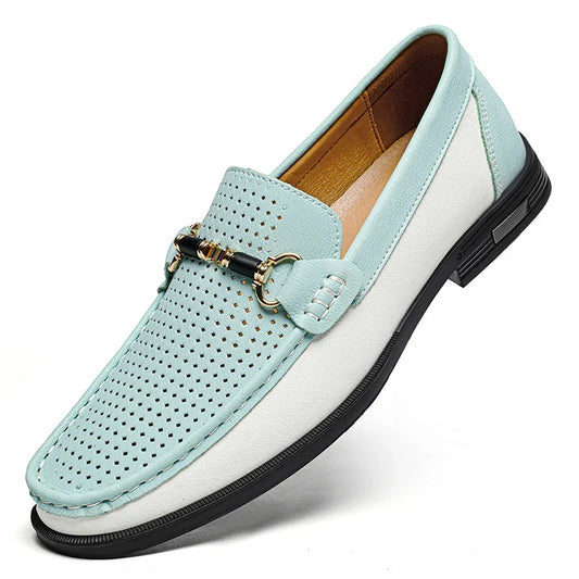 Stylish Perforated Leather Loafer for Women with Horsebit Buckle Slip On Colorblock Casual Style