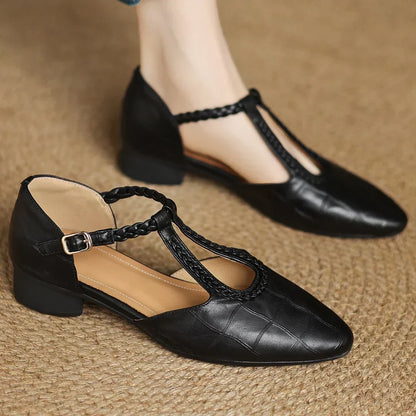Elegant Croc Embossed T-Strap Flats for Women with Braided Strap Pointed Toe Block Heel Style