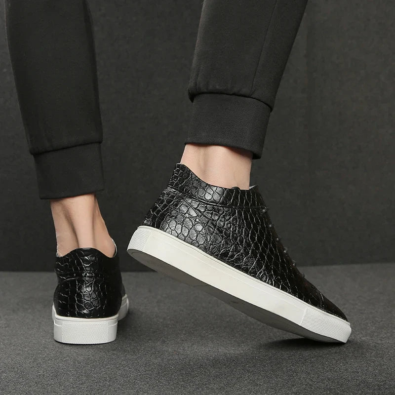 Stylish Crocodile Embossed Leather Sneakers for Women with Lace Up High Top Casual Style