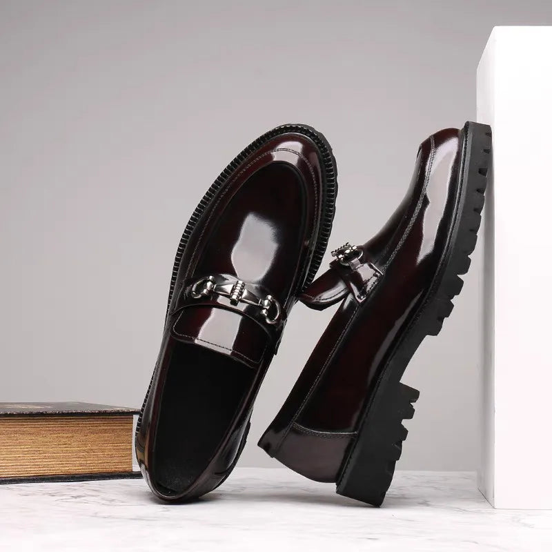 Elegant Leather Loafer for Women with Horsebit Buckle Almond Toe Chunky Lug Sole Style