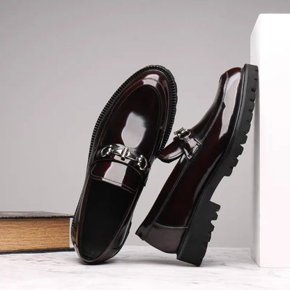 Elegant Leather Loafer for Women with Horsebit Buckle Almond Toe Chunky Lug Sole Style