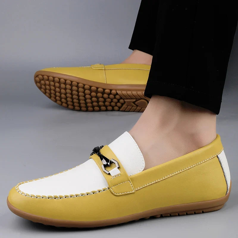 Effortless Leather Loafers for Women with Chain Buckle Contrast Stitch Rubber Sole Casual Style