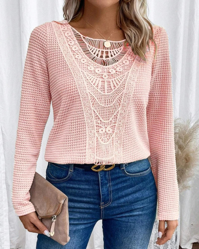 Effortless Waffle Knit Sweater for Women with Round Neck Long Sleeve Crochet Lace Boho Style