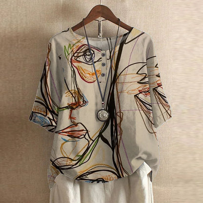 Effortless Patchwork Print Blouse for Women with Round Neck Elbow Sleeve Relaxed Bohemian Style