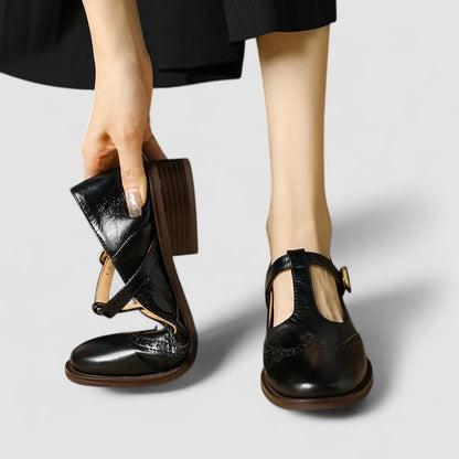 Stylish Leather T Strap Oxford for Women with Wingtip Brogue Buckle Low Block Heel Style