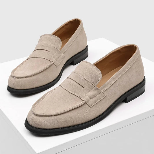 Comfortable Suede Penny Loafer for Women with Round Toe Stacked Heel Slip On Casual Style