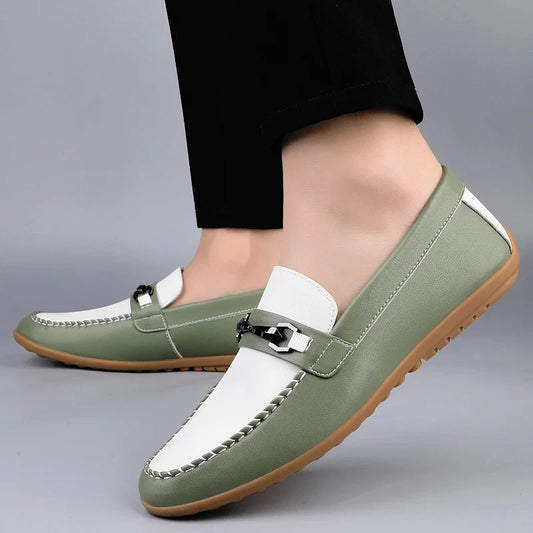 Effortless Leather Loafers for Women with Chain Buckle Contrast Stitch Rubber Sole Casual Style
