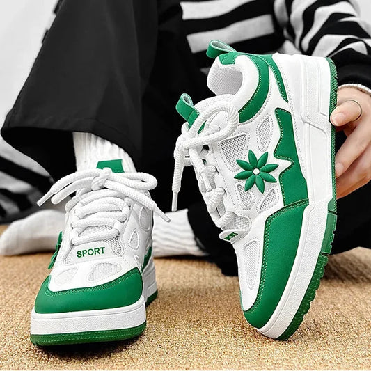 Stylish Mesh Fashion Sneakers for Women with Floral Applique Lace Up Chunky Platform Casual Style