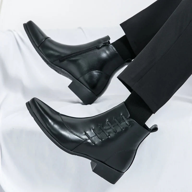Elegant Leather Ankle Boots for Women with Pointed Toe Side Zip Block Heel Style