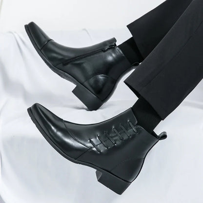 Elegant Leather Ankle Boots for Women with Pointed Toe Side Zip Block Heel Style