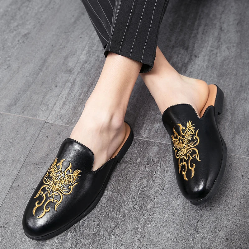 Stylish Embroidered Dragon Mule Loafer for Women with Backless Round Toe Slip On Style