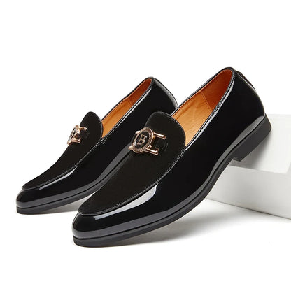 Elegant Suede Loafer for Women with Metallic Buckle Slip-On Patent Cap Toe Formal Style