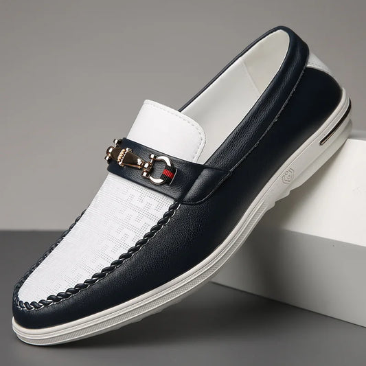 Elegant Leather Mule Loafer for Women with Horsebit Buckle Woven Trim Slip On Style