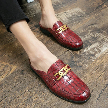 Elegant Croc Embossed Leather Loafer Mule for Women with Chain Buckle Pointed Toe Backless Style