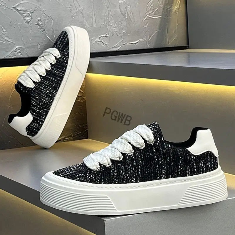 Effortless Tweed Platform Sneaker for Women with Lace Up Chunky Sole Casual Style