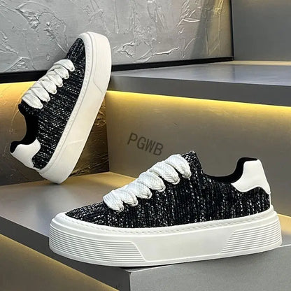 Effortless Tweed Platform Sneaker for Women with Lace Up Chunky Sole Casual Style