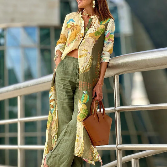 Effortless Tropical Print Two Piece Set for Women with Longline Duster Jacket Wide Leg Pant Bohemian Style