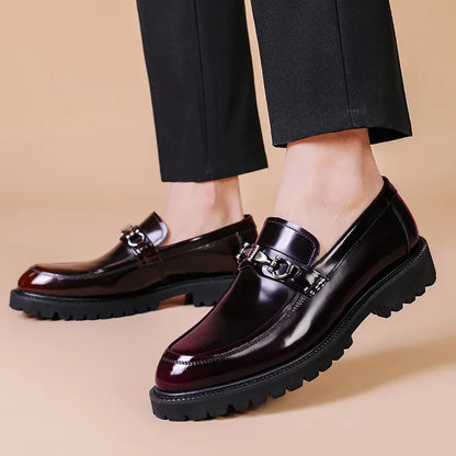 Elegant Leather Loafer for Women with Horsebit Buckle Almond Toe Chunky Lug Sole Style