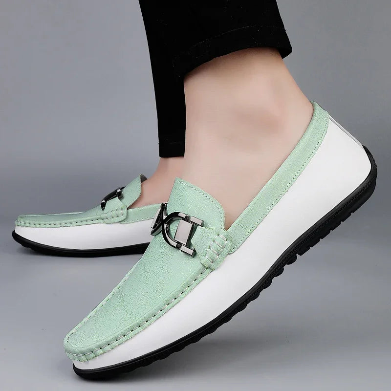 Stylish Leather Driving Loafer for Women with Slip-On Round Toe Metal Buckle Two Tone Casual Style