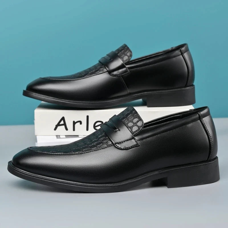 Elegant Croc Embossed Penny Loafers for Women with Pointed Toe Slip On Block Heel Formal Style
