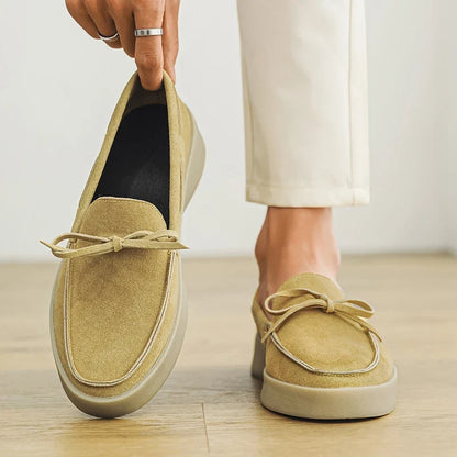 Effortless Suede Loafer Mule for Women with Bow Tie Round Toe Platform Sole Casual Style