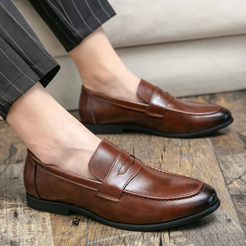 Stylish Leather Penny Loafers for Women with Saddle Strap Slip On Stacked Heel Casual Style