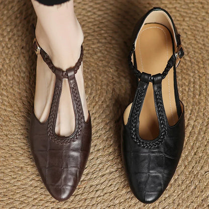 Elegant Croc Embossed T-Strap Flats for Women with Braided Strap Pointed Toe Block Heel Style