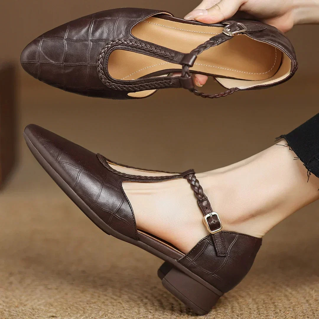 Elegant Croc Embossed T-Strap Flats for Women with Braided Strap Pointed Toe Block Heel Style