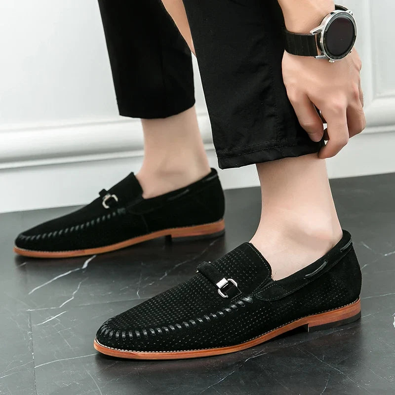 Elegant Suede Loafer for Women with Perforated Horsebit Buckle Hand Stitched Casual Style