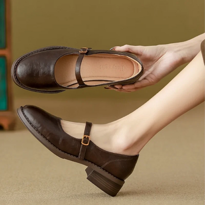 Elegant Leather Mary Jane Shoes for Women with Round Toe Buckle Strap Block Heel Vintage Style
