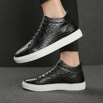 Stylish Crocodile Embossed Leather Sneakers for Women with Lace Up High Top Casual Style