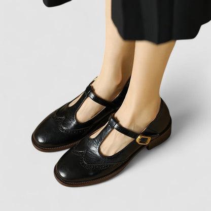 Stylish Leather T Strap Oxford for Women with Wingtip Brogue Buckle Low Block Heel Style