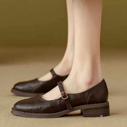 Elegant Leather Mary Jane Shoes for Women with Round Toe Buckle Strap Block Heel Vintage Style