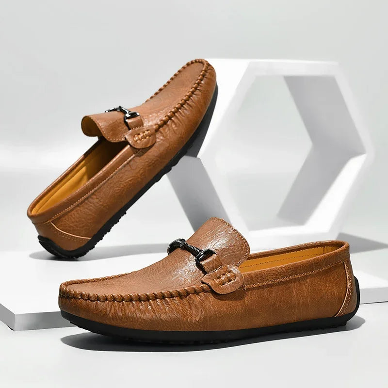 Stylish Embossed Leather Loafers for Women with Horsebit Buckle Stitched Apron Toe Driving Style