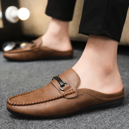 Elegant Leather Mule Loafers for Women with Silver Buckle Moc Toe Slip On Casual Style