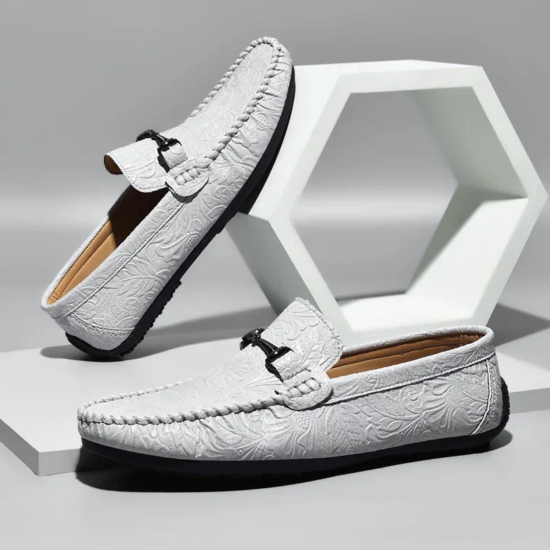 Stylish Embossed Leather Loafers for Women with Horsebit Buckle Stitched Apron Toe Driving Style