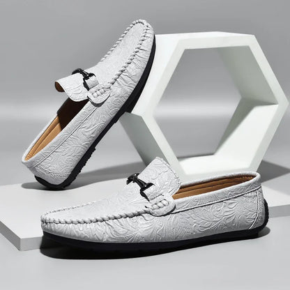 Stylish Embossed Leather Loafers for Women with Horsebit Buckle Stitched Apron Toe Driving Style
