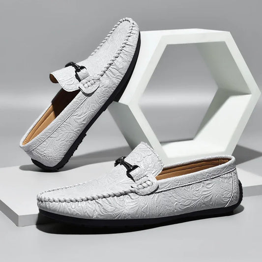 Stylish Embossed Leather Loafers for Women with Horsebit Buckle Stitched Apron Toe Driving Style
