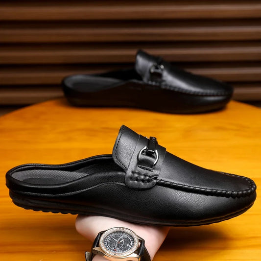 Elegant Leather Mule Loafers for Women with Silver Buckle Moc Toe Slip On Casual Style