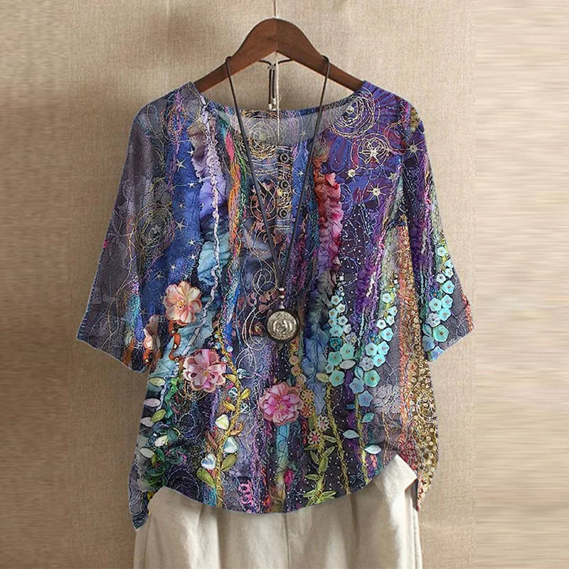 Effortless Patchwork Print Blouse for Women with Round Neck Elbow Sleeve Relaxed Bohemian Style