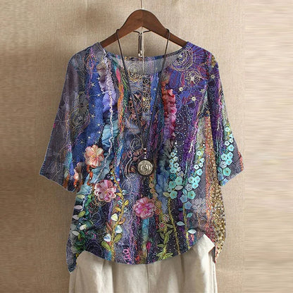 Effortless Patchwork Print Blouse for Women with Round Neck Elbow Sleeve Relaxed Bohemian Style