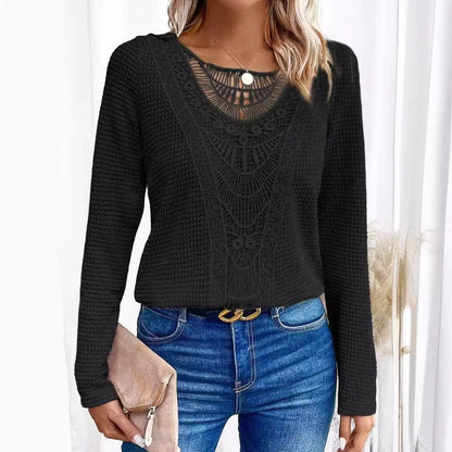Effortless Waffle Knit Sweater for Women with Round Neck Long Sleeve Crochet Lace Boho Style