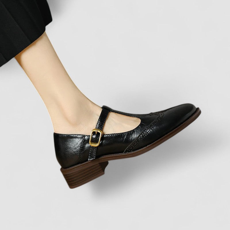 Stylish Leather T Strap Oxford for Women with Wingtip Brogue Buckle Low Block Heel Style