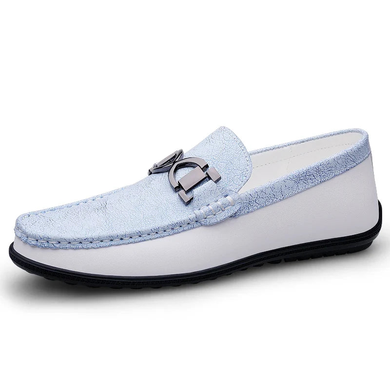 Stylish Leather Driving Loafer for Women with Slip-On Round Toe Metal Buckle Two Tone Casual Style