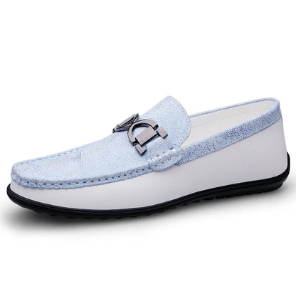 Stylish Leather Driving Loafer for Women with Slip-On Round Toe Metal Buckle Two Tone Casual Style