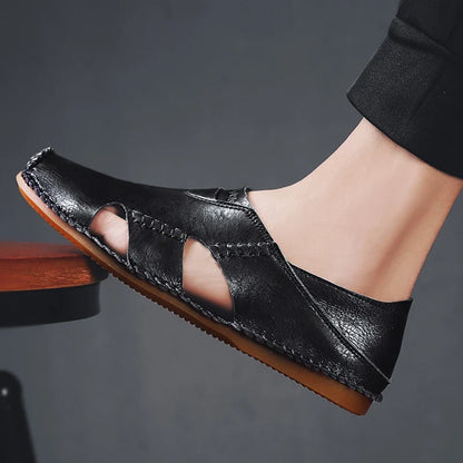 Effortless Leather Cutout Sandal for Women with Round Toe Slip On Hand Stitched Casual Style