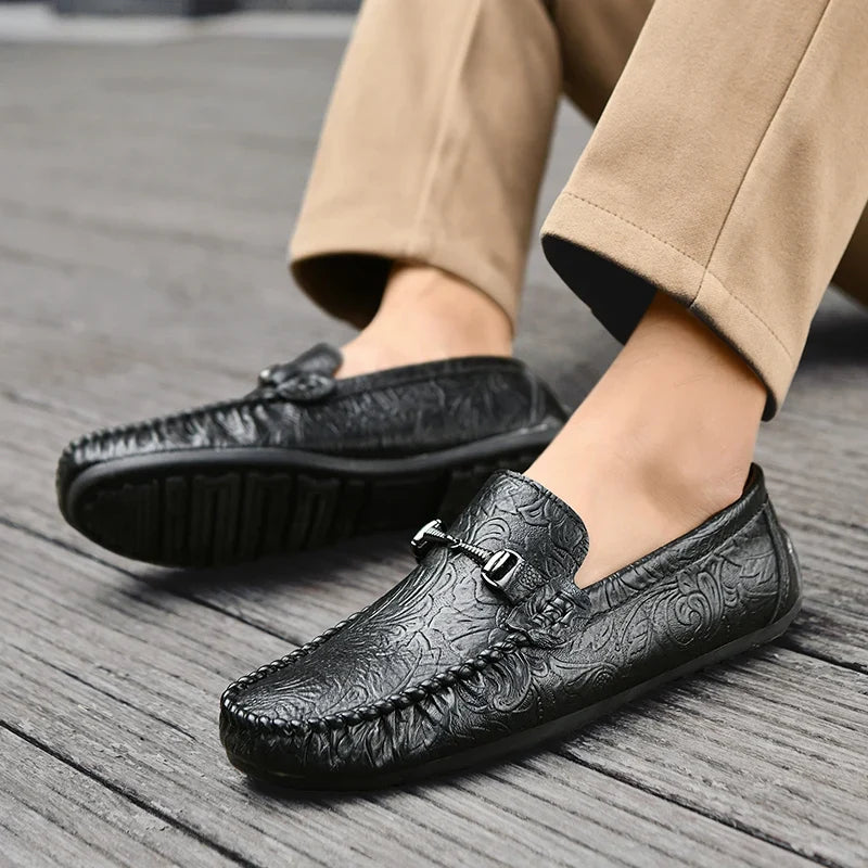 Stylish Embossed Leather Loafers for Women with Horsebit Buckle Stitched Apron Toe Driving Style