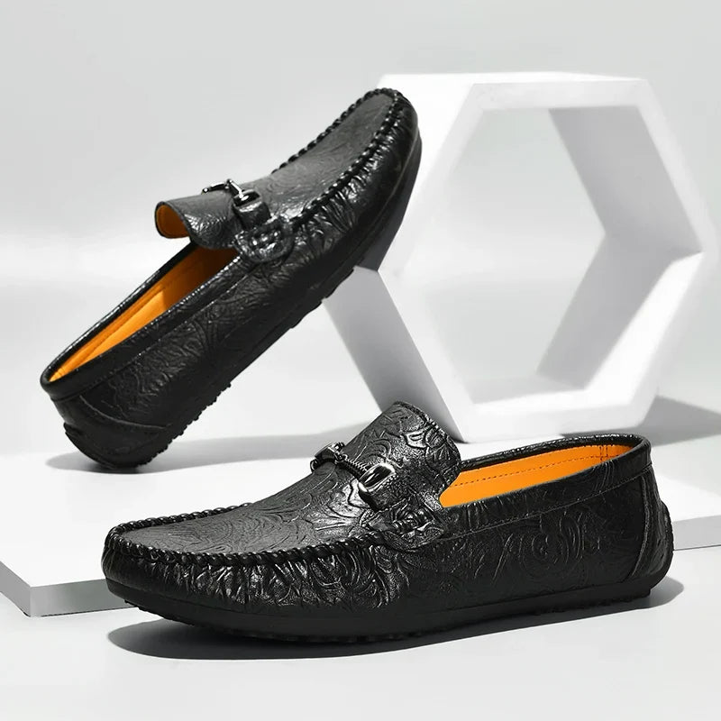 Stylish Embossed Leather Loafers for Women with Horsebit Buckle Stitched Apron Toe Driving Style