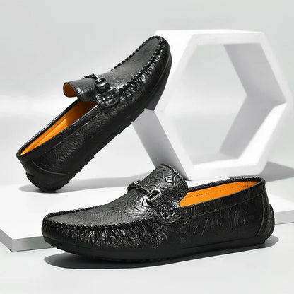 Stylish Embossed Leather Loafers for Women with Horsebit Buckle Stitched Apron Toe Driving Style
